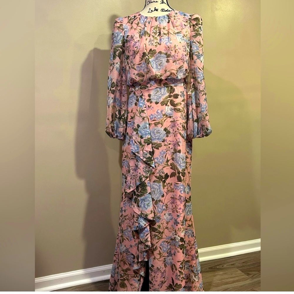 Pink Ruffled Gown with Bishop Sleeves for Wedding Guest
